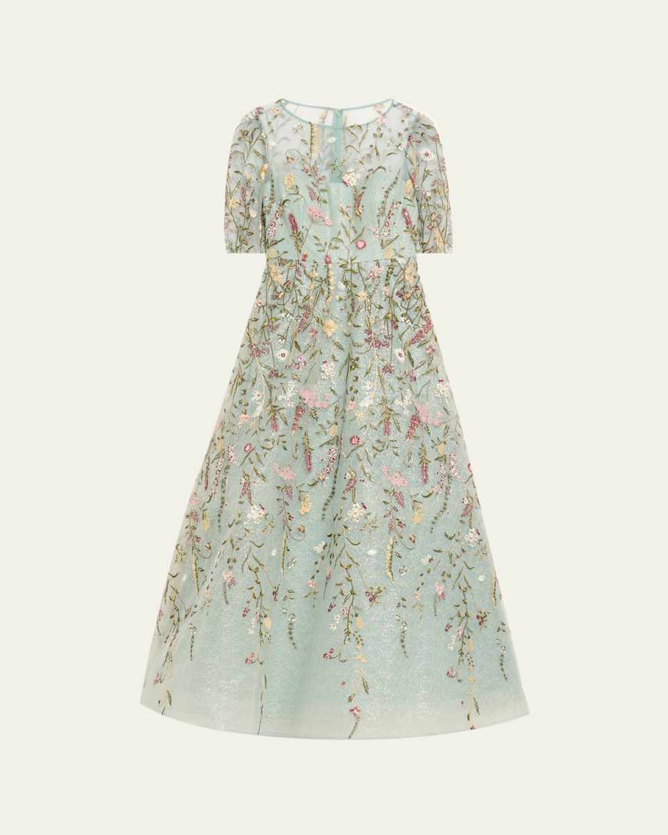 Floral-Embroidered Shimmer Mesh Gown